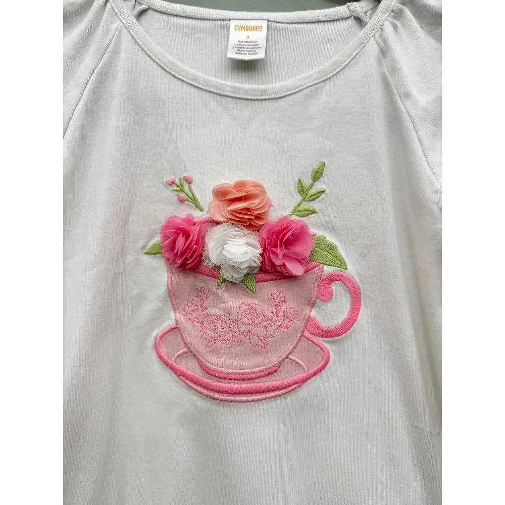 Gymboree Girls Floral Teacup Appliqué Top Size 8 Cottagecore Pink Rosette Tee